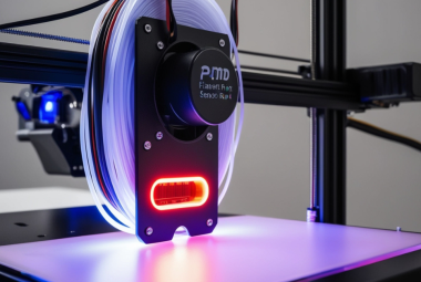 A close-up view of a 3D printer equipped with a filament runout sensor and spool holder, highlighted by LED indicators for monitoring filament flow.