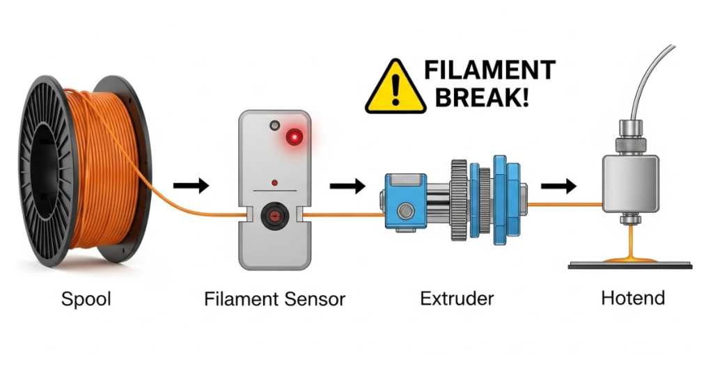 Diagram showing how a 3D printer filament runout sensor detects a filament break between the spool, extruder, and hotend.