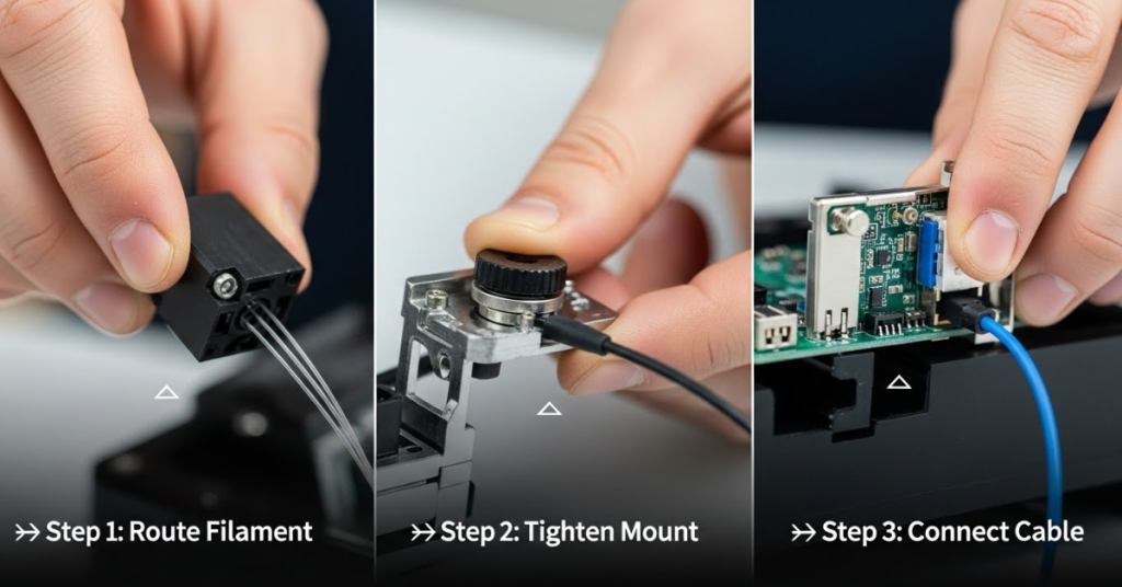 Step-by-step installation of a 3D printer filament sensor showing how to route the filament, tighten the sensor mount, and connect the cable to the control board.