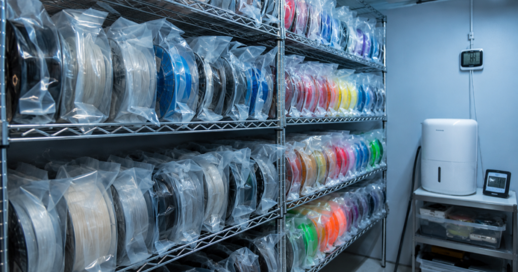 Large collection of vacuum-sealed filament spools stored on racks inside a humidity-controlled storage room.