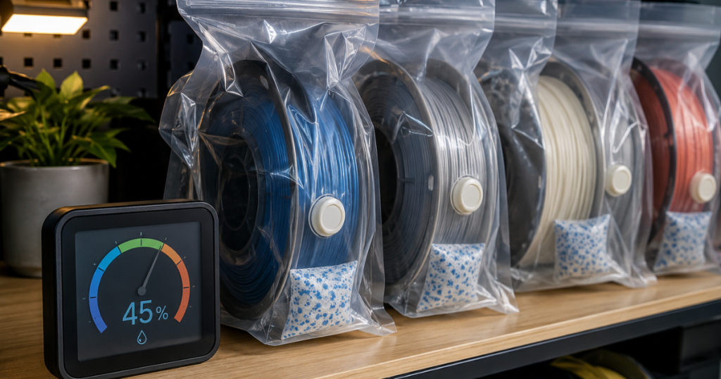 Vacuum-sealed filament bags with desiccant packs displayed next to a digital humidity gauge in a 3D printing workspace.