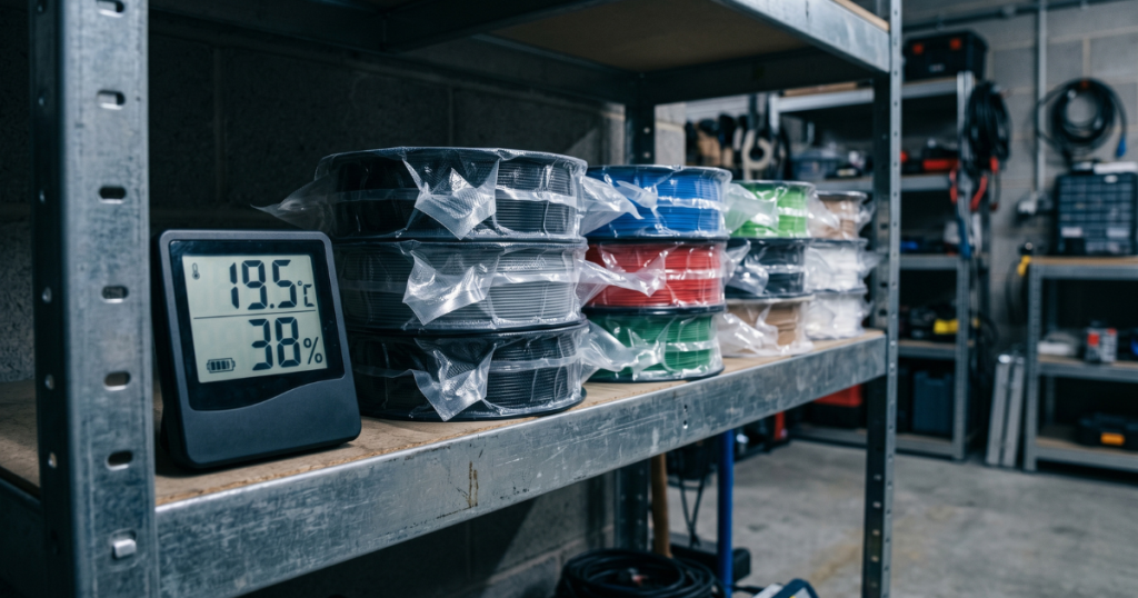 Vacuum-sealed filament spools stored on workshop shelves beside a digital temperature and humidity monitor.