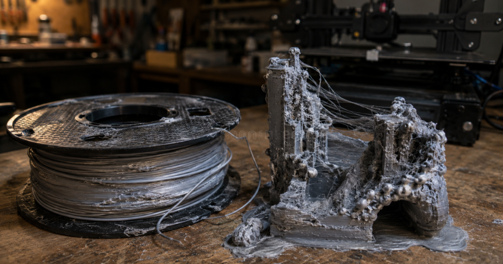 Moisture-damaged filament spool and failed 3D print showing the effects of poor filament storage.