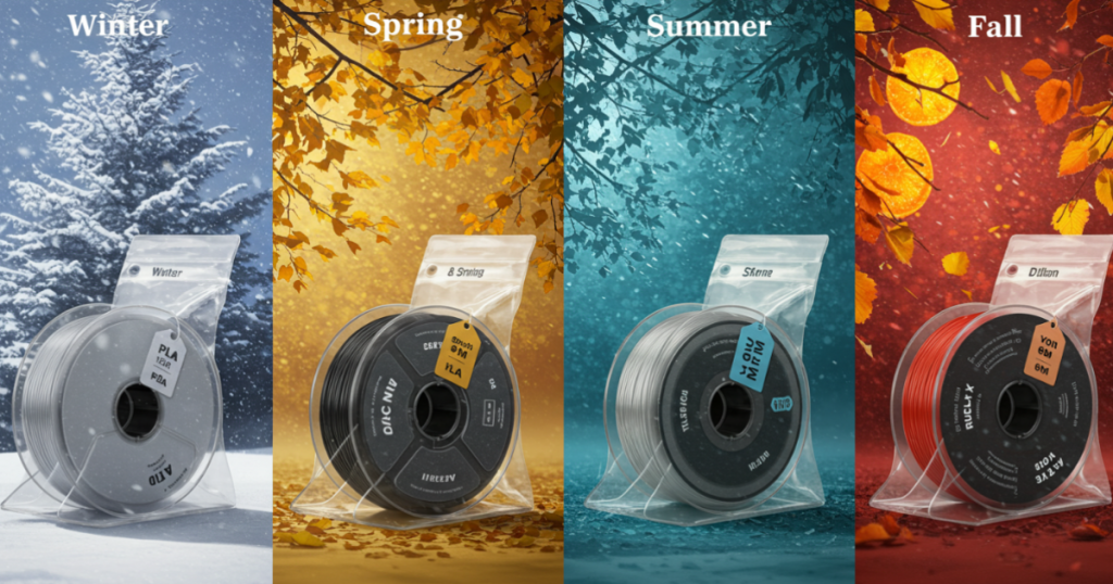 Filament spools in vacuum-sealed bags displayed across winter, spring, summer, and fall storage conditions.