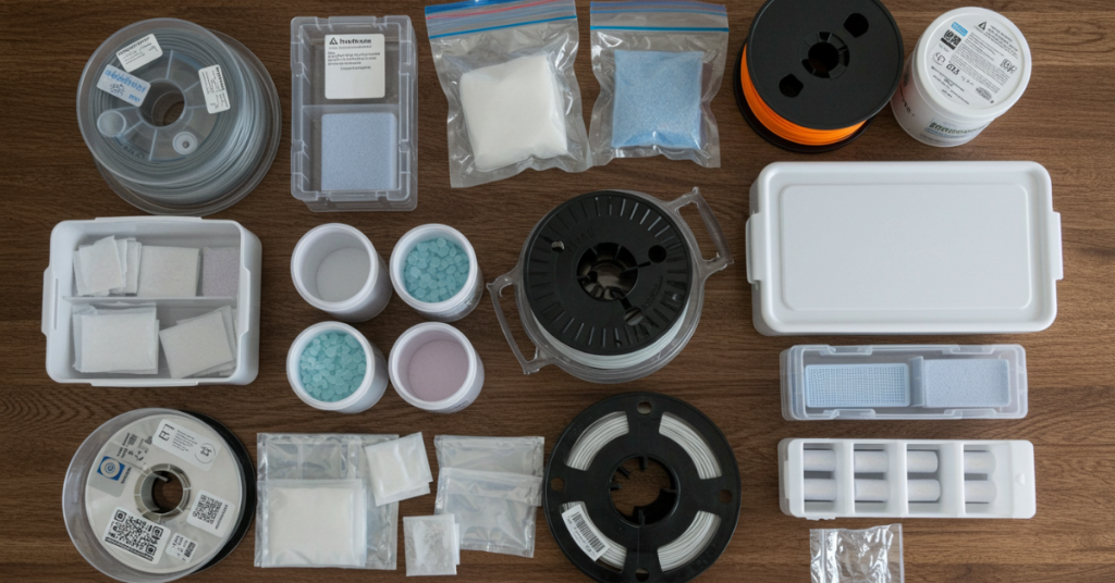 various filament storage accessories including desiccant packs, containers, and spools arranged on a table
