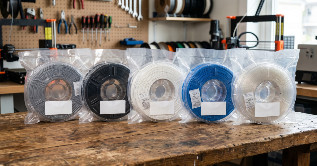 Several vacuum-sealed filament spools with labels and desiccant packs arranged on a workbench near 3D printers.