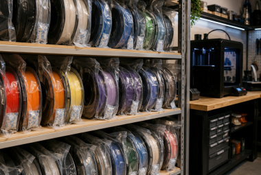 Multiple 3D printer filament spools stored in vacuum-sealed bags with desiccant packs on organized workshop shelving.