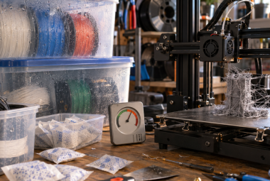 Moisture-covered filament storage bins sit beside a 3D printer producing a failed stringy print.