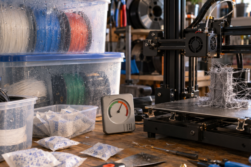 Moisture-covered filament storage bins sit beside a 3D printer producing a failed stringy print.