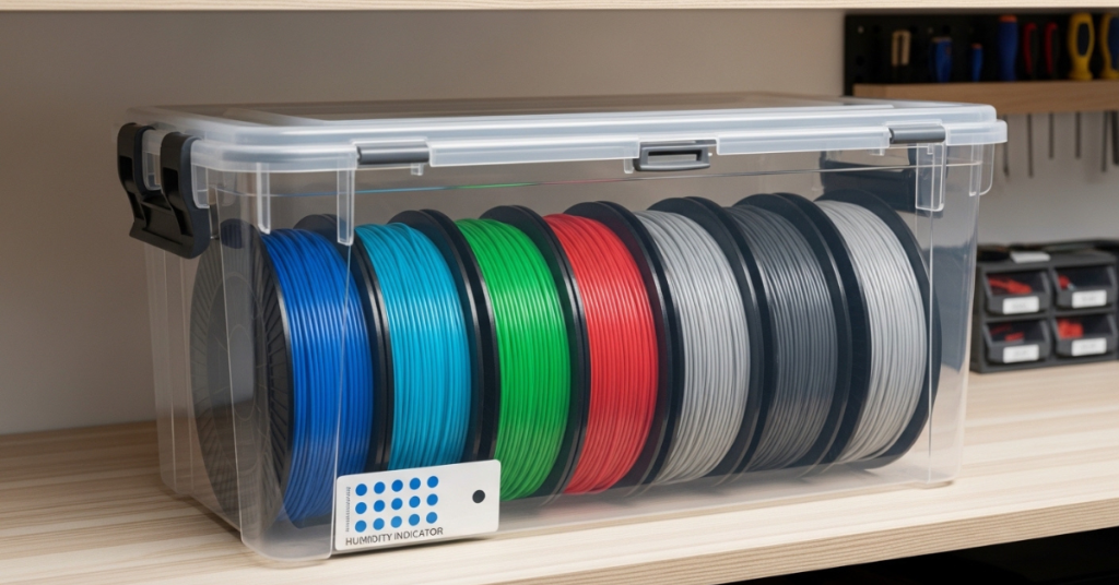multiple 3D printer filament spools stored in a large airtight bin with a humidity indicator for moisture control