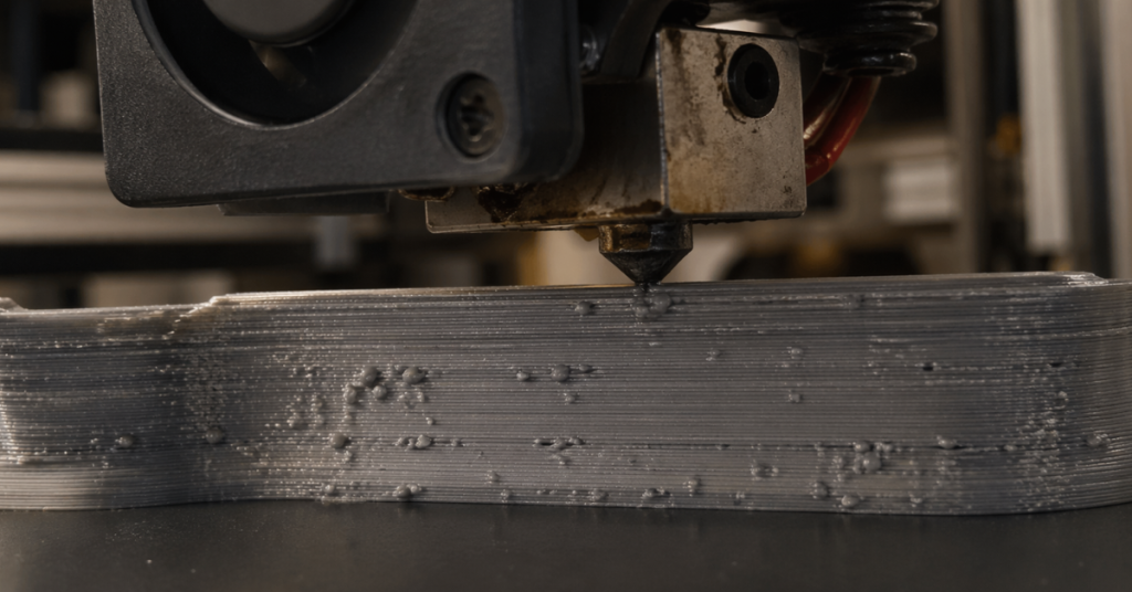 Close-up of a 3D printer nozzle producing a print with bubbles and rough layers caused by moisture in filament