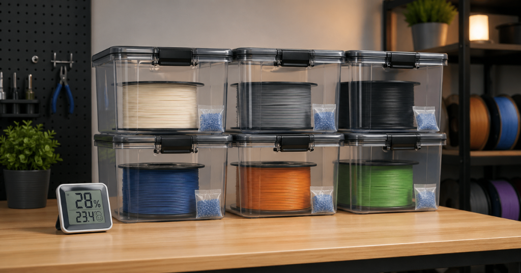 Multiple filament spools stored in sealed containers with desiccant and a hygrometer showing controlled humidity levels