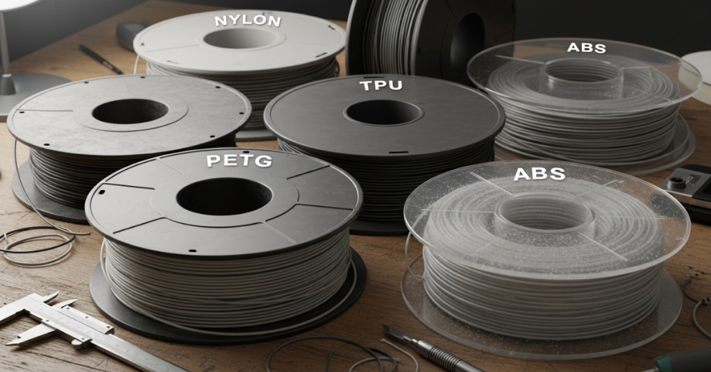 Different filament spools labeled nylon petg tpu and abs arranged on a workbench to show material variation and moisture sensitivity