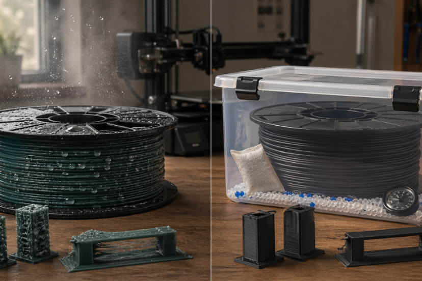 Comparison of a moisture-exposed filament spool with condensation and a dry spool stored in an airtight container with desiccant in a 3D printing workspace