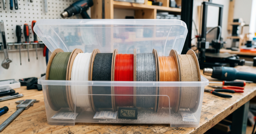Different 3D printing filament types stored together in a plastic container with desiccant and a humidity monitor.