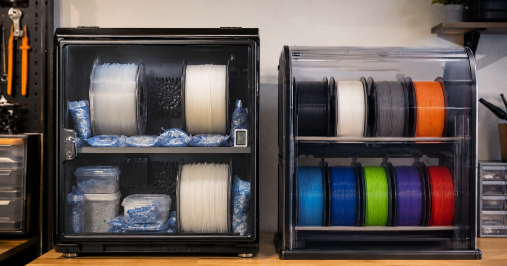 Two dry storage systems displaying multiple filament spools protected by low-humidity conditions.