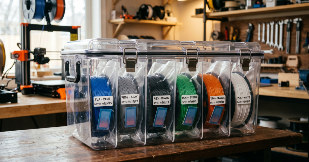 Individually labeled filament spools stored in sealed compartments for organized material management.