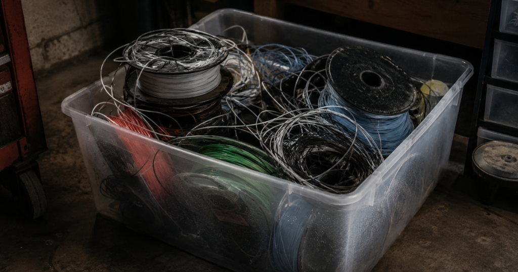 Mixed filament spools tangled together inside a storage bin, showing an ineffective storage method.