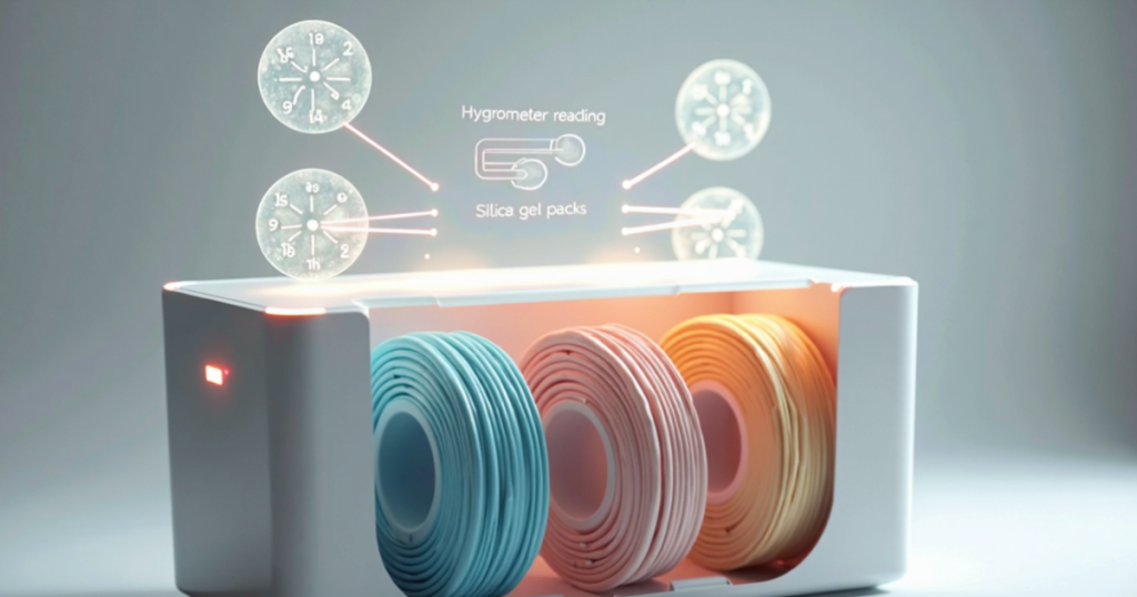 Concept illustration showing multiple filament spools stored together with humidity monitoring and desiccant control.
