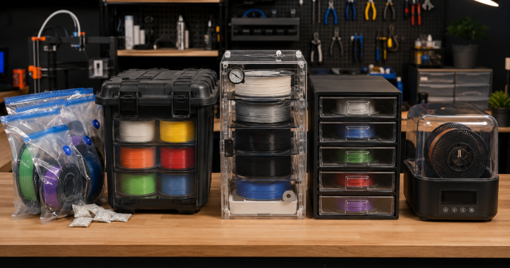 Several filament storage solutions including vacuum bags, dry boxes, storage drawers, and filament dryers displayed on a workbench.