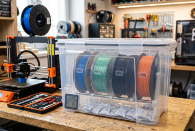 Multiple PLA, PETG, TPU, and ABS filament spools stored together in a sealed container with desiccant packs beside a 3D printer.