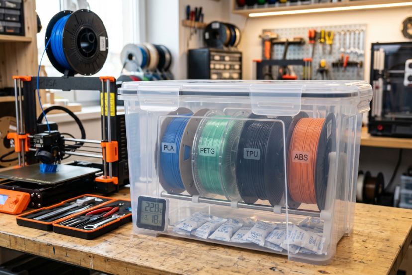Multiple PLA, PETG, TPU, and ABS filament spools stored together in a sealed container with desiccant packs beside a 3D printer.