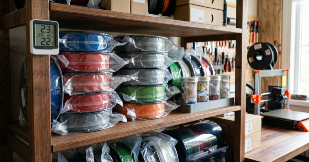Vacuum-sealed filament spools organized on workshop shelves with humidity monitoring for long-term storage.