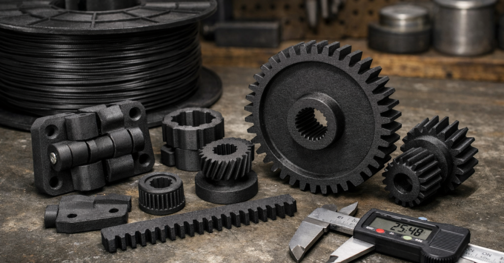nylon 3D printed gears and mechanical parts displayed on a workbench with measuring tools