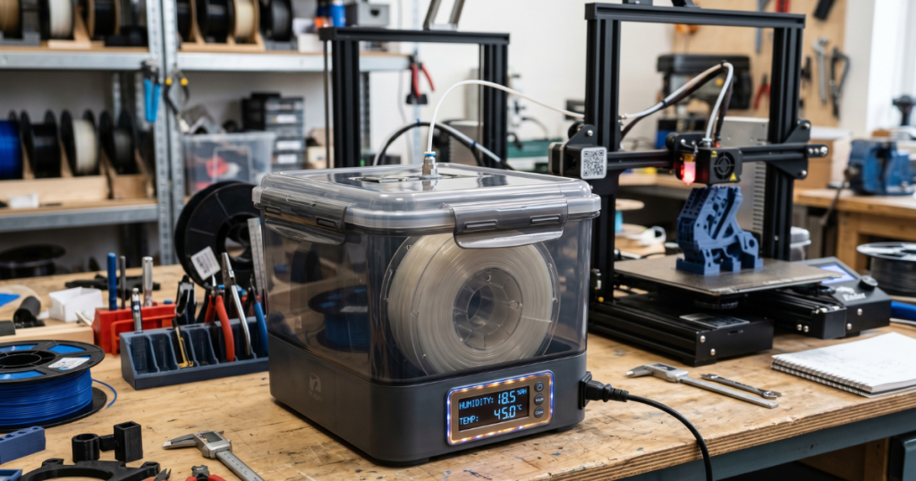 Nylon filament drying inside a filament dryer with humidity and temperature readings displayed.