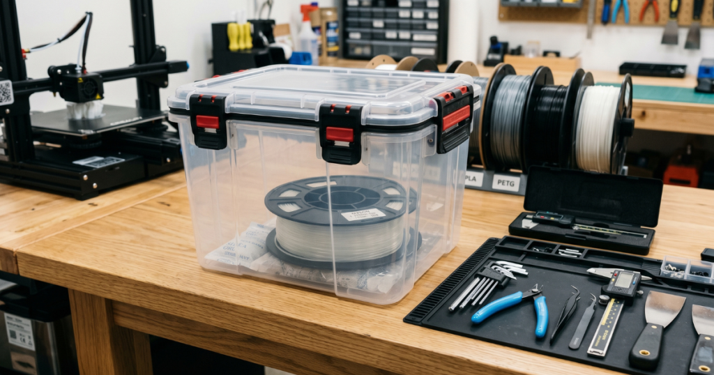 Nylon filament stored in an airtight container with desiccant packs on a 3D printing workbench.