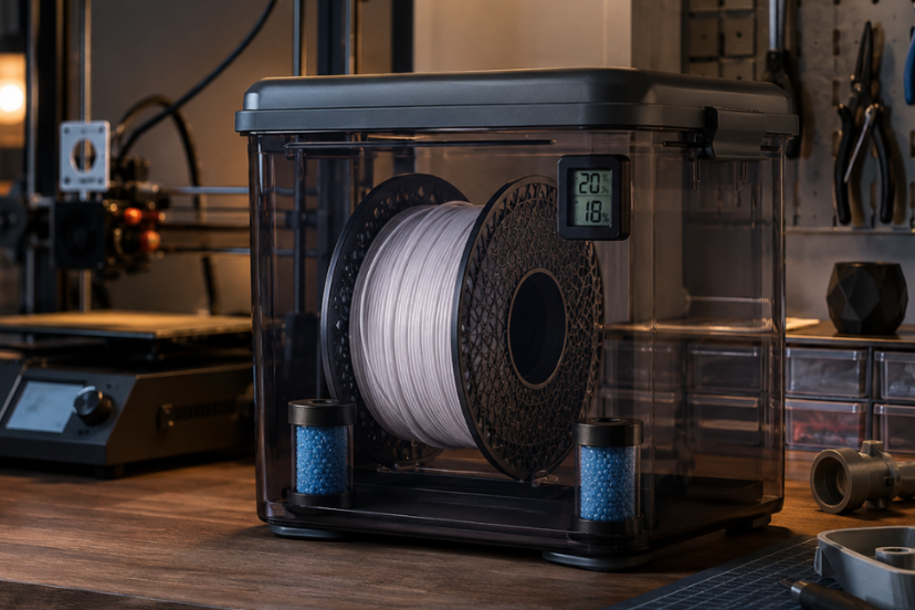 Nylon filament spool stored in a sealed dry box with desiccant packs and a humidity monitor beside a 3D printer.