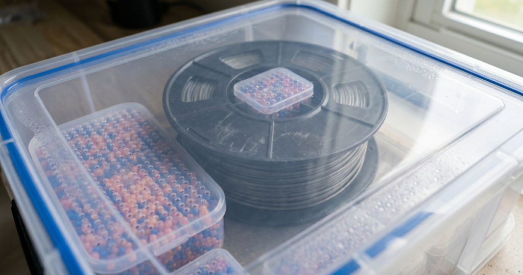 Filament spool stored in a container showing visible moisture buildup and saturated desiccant beads.