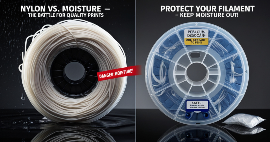 Comparison showing moisture-exposed nylon filament versus properly protected filament with desiccants.