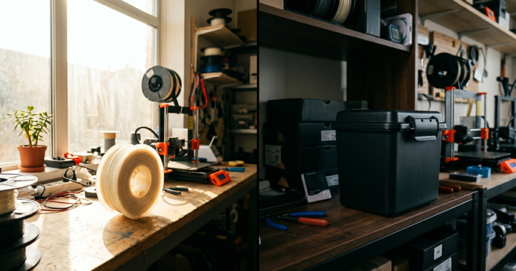 Side-by-side view comparing nylon filament left exposed on a workbench and stored in a sealed container.