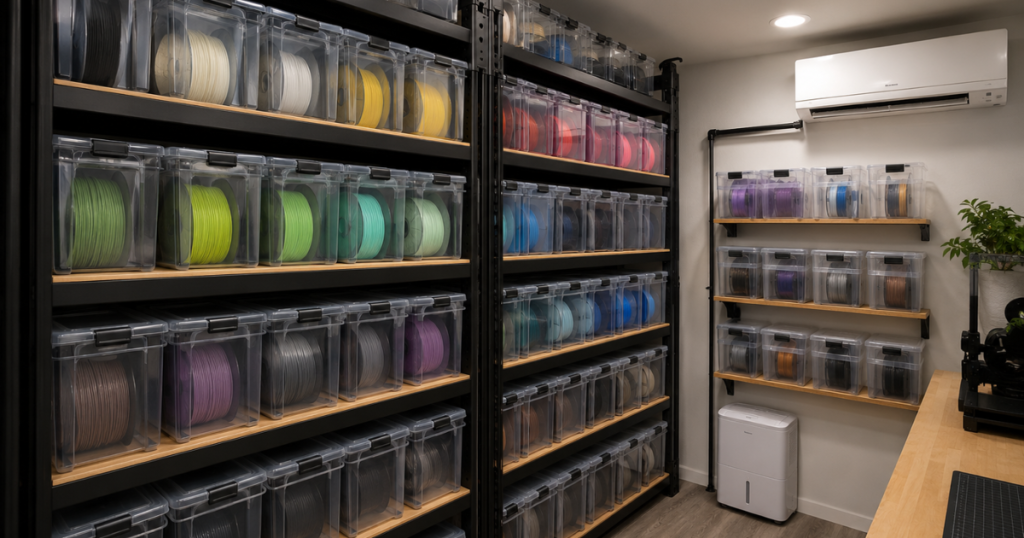 Multiple filament spools organized in sealed storage containers on shelving in a dedicated storage room.