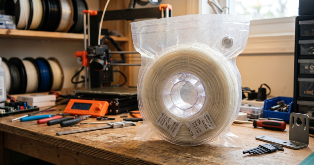 Nylon filament spool sealed inside a vacuum storage bag with silica gel packets for moisture protection.
