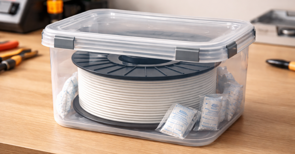 PLA filament spool stored inside an airtight plastic container with silica gel desiccant packets to protect against moisture absorption.