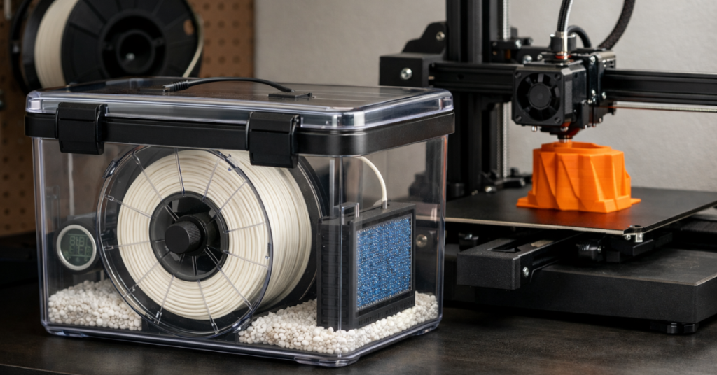 PLA filament spool stored in a sealed dry box with desiccant and a digital hygrometer, feeding directly into a 3D printer during printing.