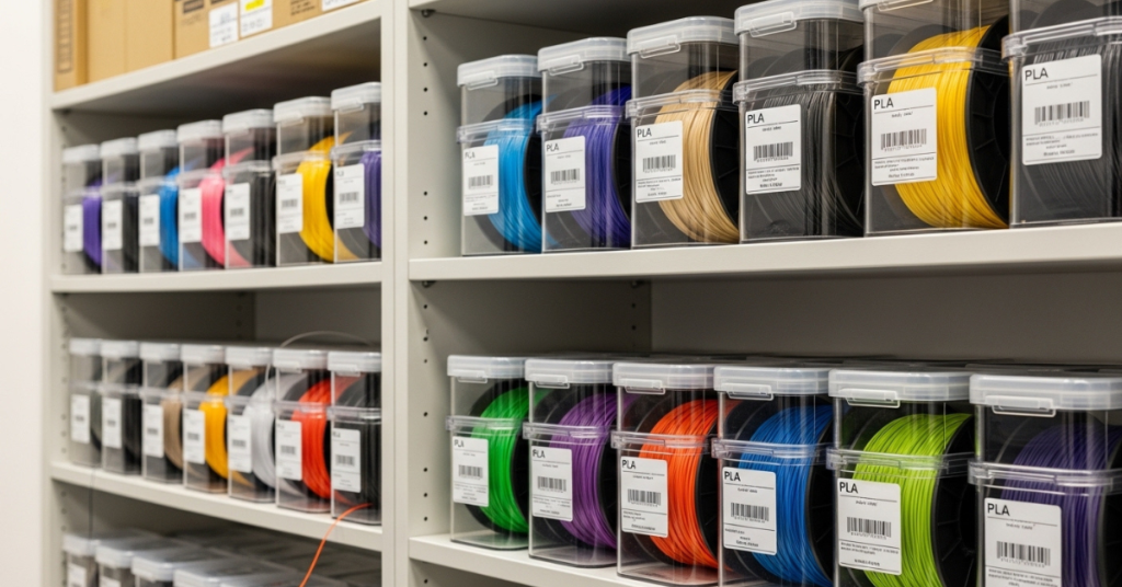 Multiple PLA filament spools stored in labeled airtight containers on shelving, demonstrating an organized long-term filament storage system.