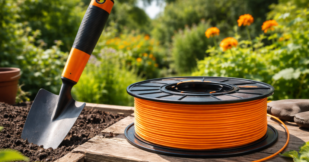 PLA filament spool placed outdoors in a garden setting next to a hand tool, showing practical use environment