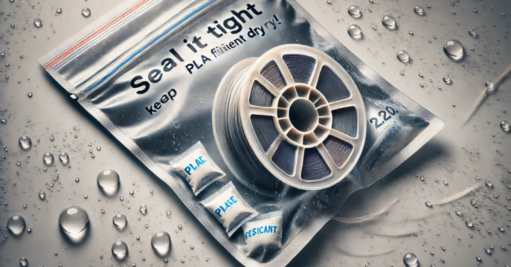 Illustration of a PLA filament spool sealed inside a moisture-resistant bag with desiccant packets, highlighting the importance of keeping filament dry.