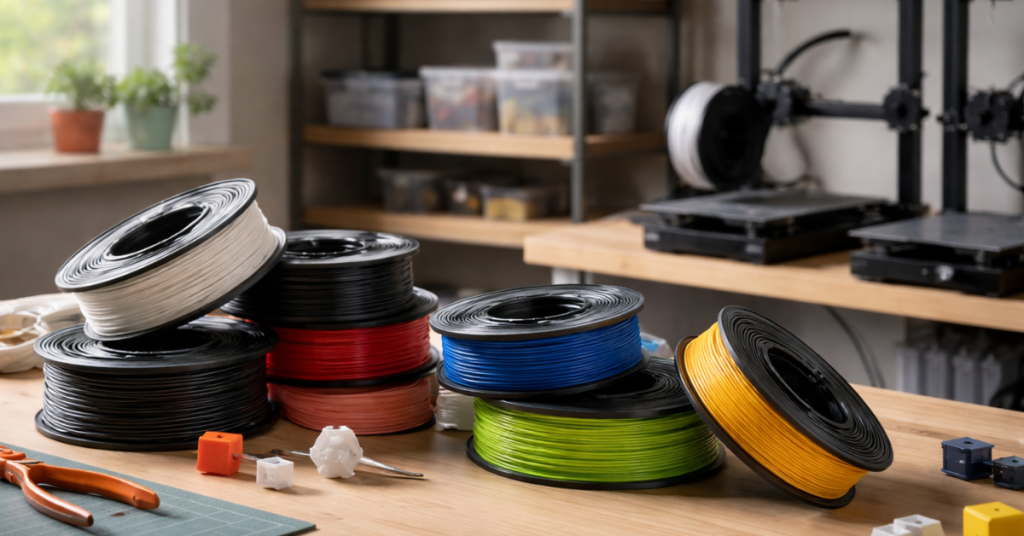 Multiple PLA filament spools stacked on a workbench in a 3D printing workspace, illustrating common open-air storage before moisture protection.