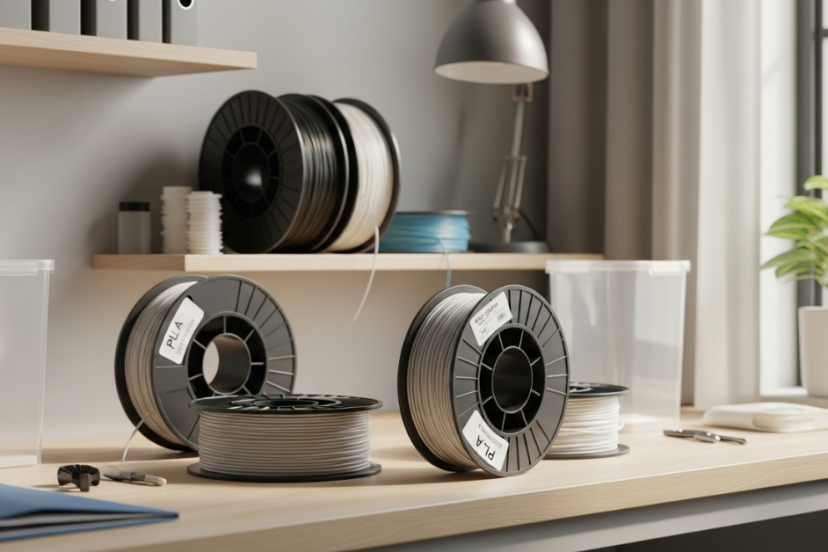 PLA filament spools arranged on a clean shelf with storage containers nearby, illustrating proper indoor storage to protect filament from moisture and dust.