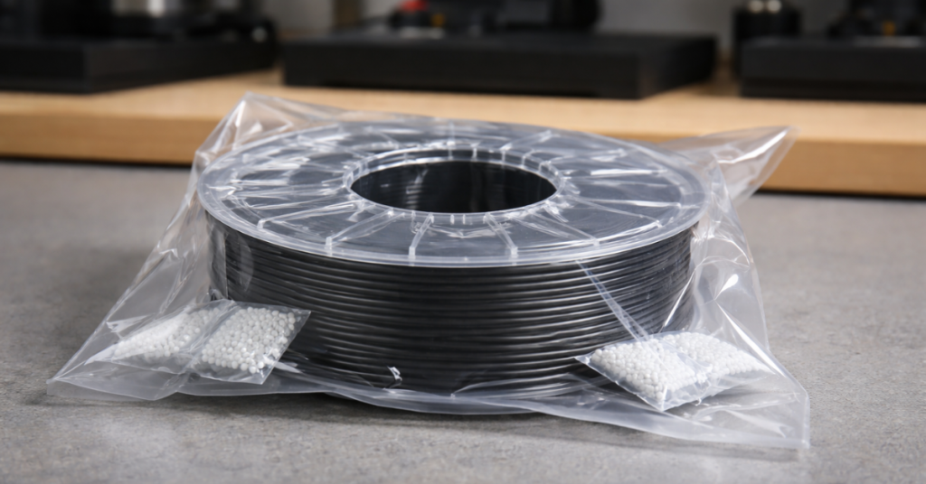 PLA filament spool vacuum-sealed inside a plastic bag with desiccant packets to prevent moisture absorption during long-term storage.