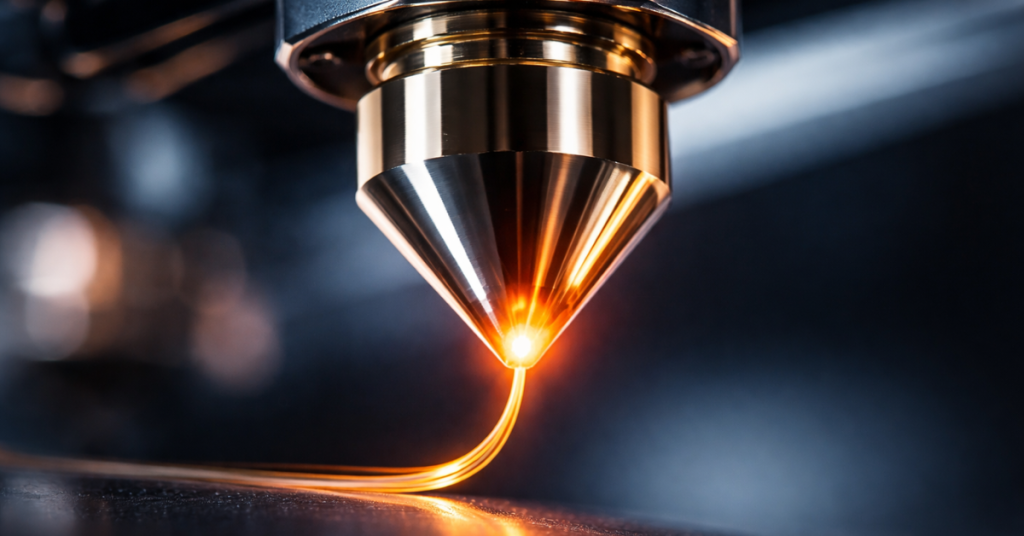 Close-up of a high-quality anti-oozing 3D printer nozzle producing a smooth, controlled filament extrusion line on the print bed.