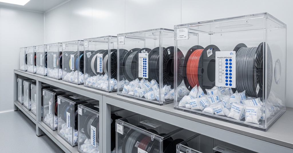Multiple 3D filament spools stored in airtight containers with desiccant packs and humidity indicator cards to prevent moisture absorption.