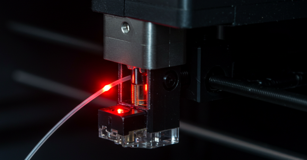 Close-up of a 3D printer filament sensor using a red optical light beam to detect filament movement and prevent print failures.