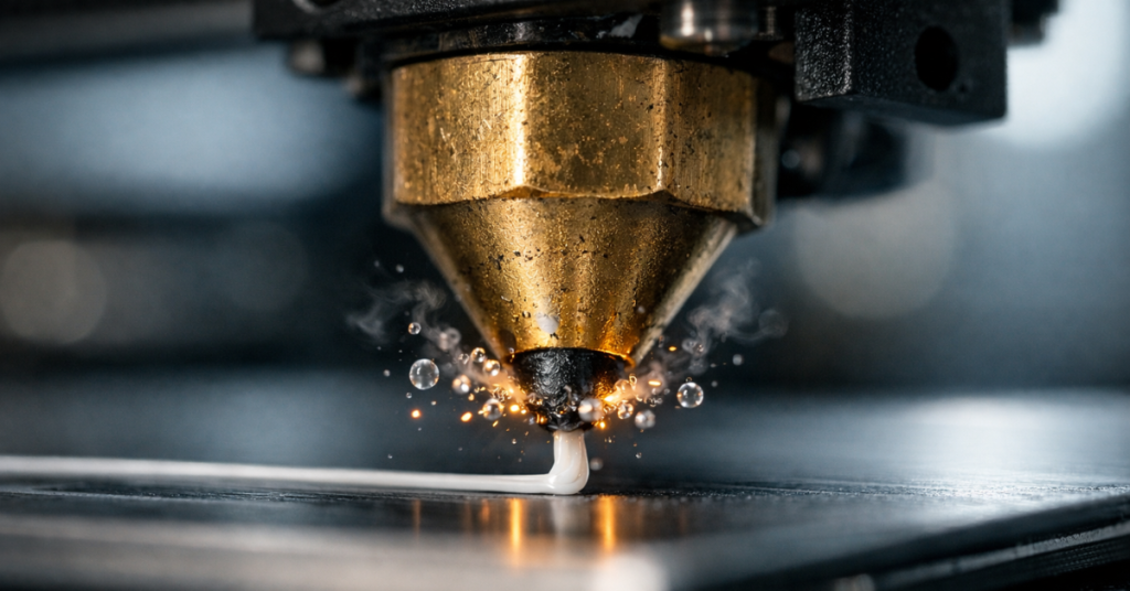 Close-up of a 3D printer nozzle producing steam and popping bubbles during extrusion, indicating moisture absorbed in the filament.