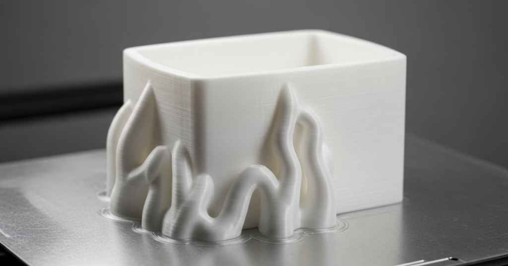 White 3D printed part on a build plate showing excess filament buildup and subtle oozing artifacts along the base.ging-and-ooze-artifacts-3d-print-example-2025.jpg