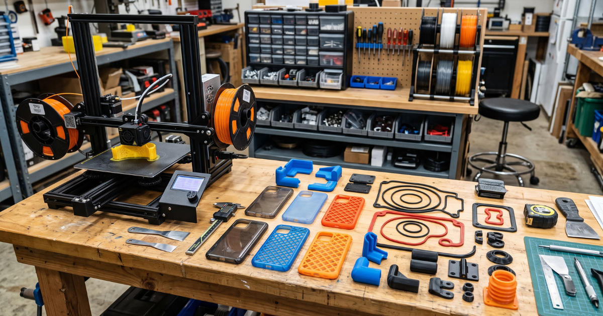 TPU-equipped 3D printer surrounded by flexible phone cases, seals, brackets, and other practical prints.